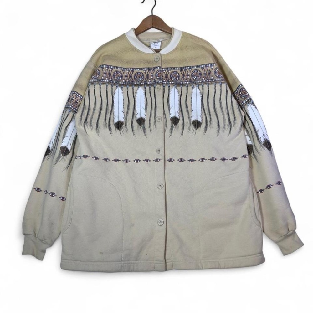 Vintage Southwestern Feather Print Jacket Button Up Men's XL